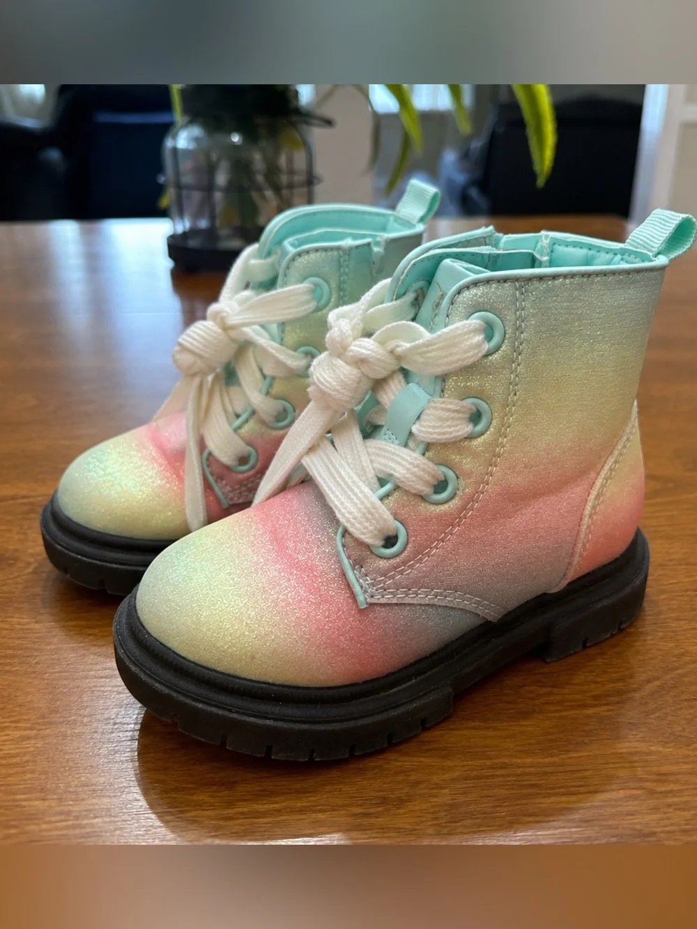 Cat & Jack Kids Glitter Ombre Lace-Up Boots in Aqua, Pink & Yellow NWOT